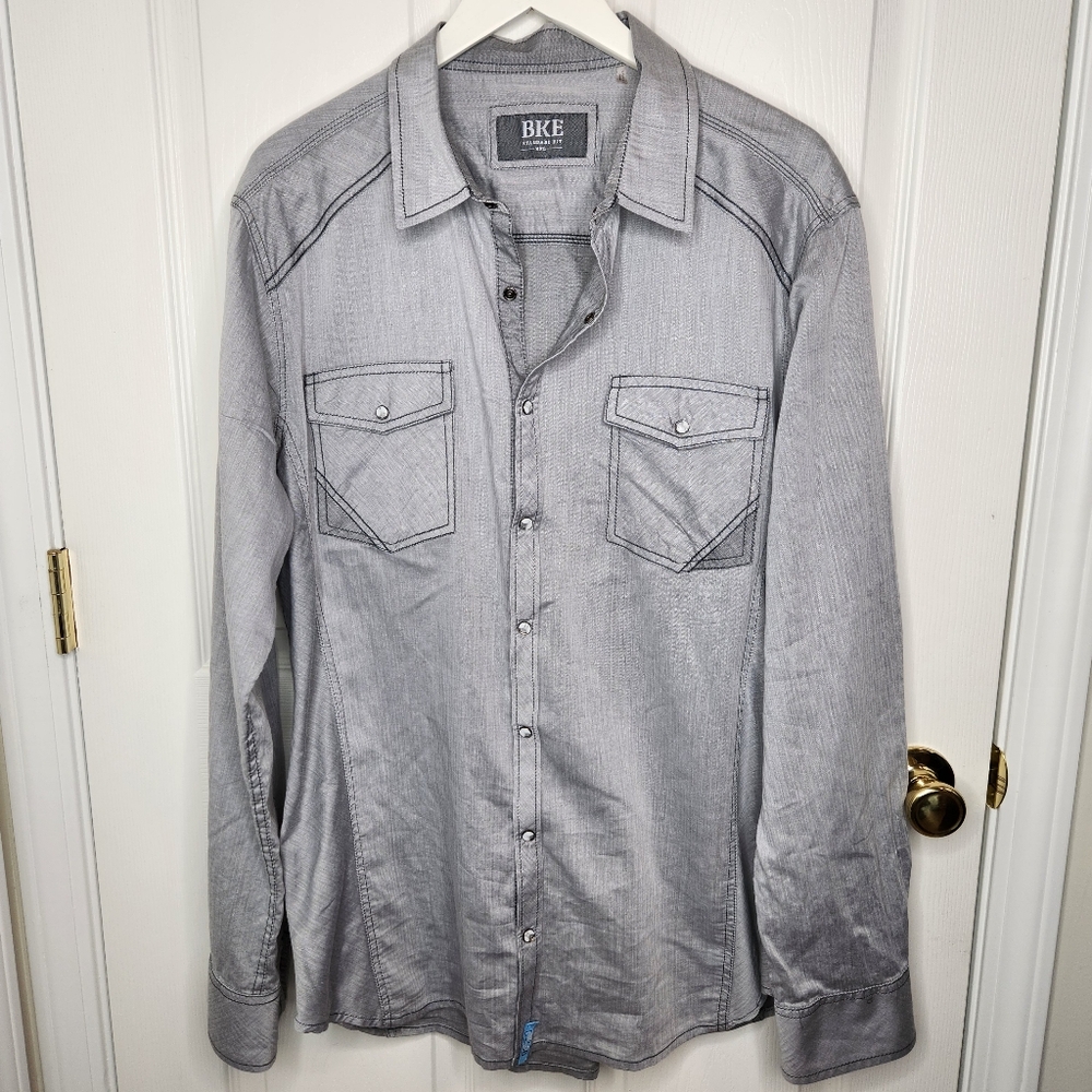BKE Standard Fit Black Grey Chambray Shirt XXL Pearl Snap Buttons
